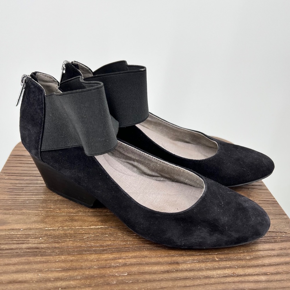 Com+Sens Pomaro Black Suede Wedge Ankle Strap‎ Pumps Shoes Womens 8.5 Round Toe